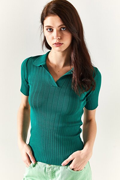 Olalook Γυναικεία πλεκτή μπλούζα με λαιμόκοψη σμαραγδί πράσινο πόλο BLZ-19001833