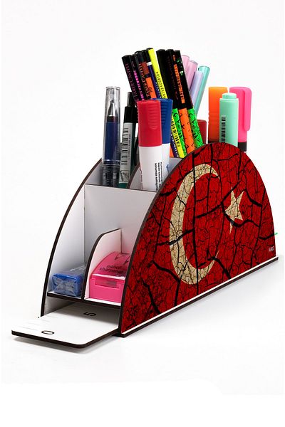 kutuTR Wooden Vip Flag Rainbow Ruled Desktop Pen Holder Organizer with Assembled Box