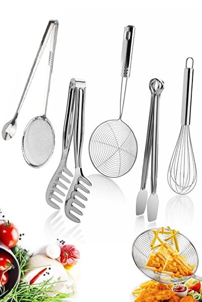 Trouvaille Süzgeçli Lüx Yağ Kızartma Maşası Mangal Izgara Maşası Çelik Tel Çırpıcı Kepçe Kevgir Salata Maşası