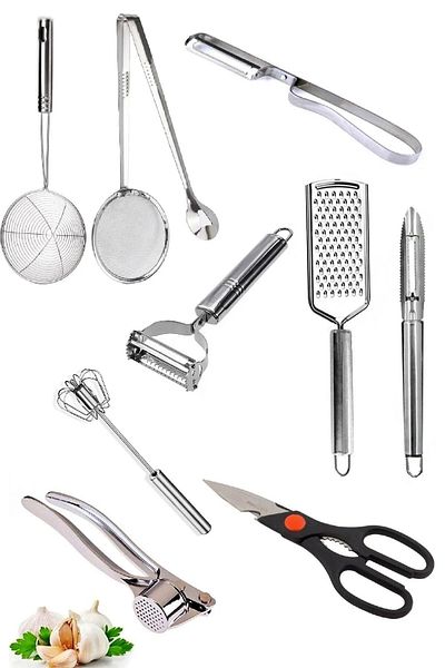 Trouvaille Tongs Beater with Strainer - Potato Peeler - Garlic Masher - Grater Kitchen Scissors
