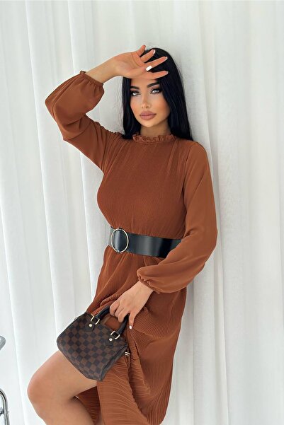 Neşeli Butik Жіноча сукня з підкладкою та поясом, з деталями у вигляді складок Kklf14 - Кереміт