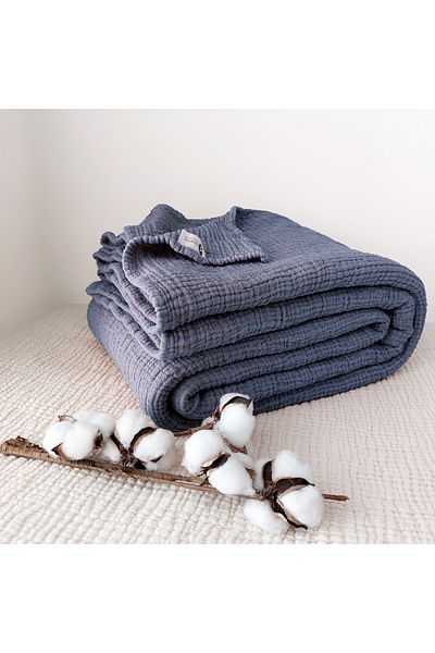 destinyhometex Albastru închis 4 straturi muselină multiplă 100% bumbac dublu franjuri 230x240cm King Size
