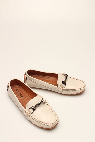 ROVIGO Ecru Buckle Genuine Leather Women's Ballerinas