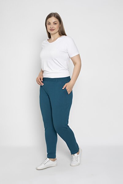 VISHENKA Kadın Büyük Beden Cepli Likralı Petrol Renk Eşofman Altı