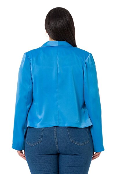 DISENTIS MODEST Krátka saténová tyrkysová bunda s šatkovým golierom bez podšívky