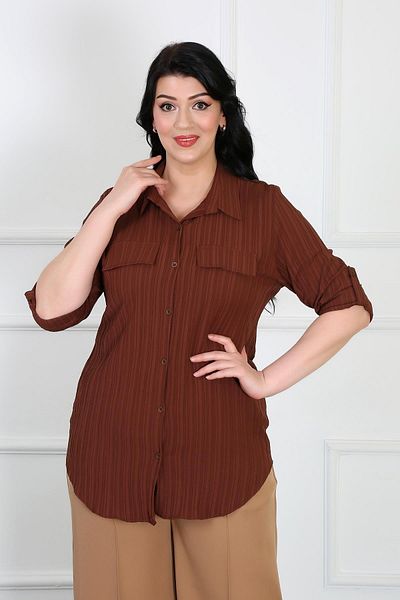 By Alba Collection Дамска риза от креп плат, кафява, големи размери