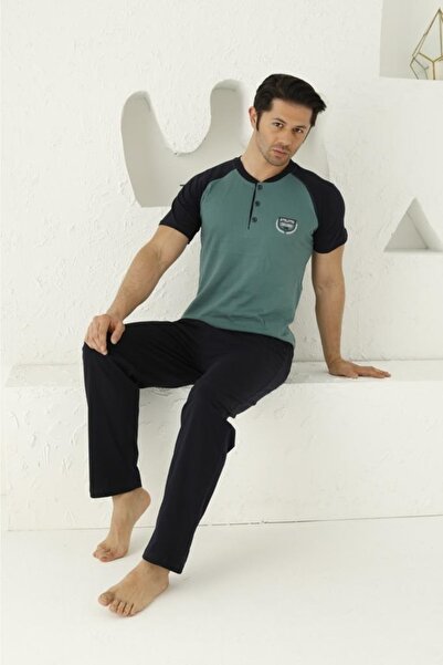 KAPİTEX Σετ ανδρικών πιτζάμες με κοντό μανίκι Raglan με έξι μακριές τσέπες με τρία κουμπιά πράσινο χρώμα