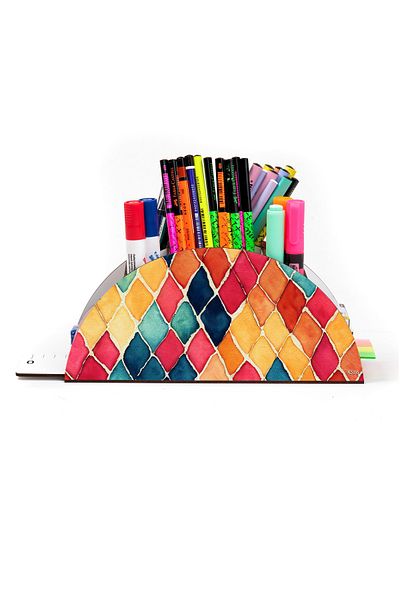 kutuTR Wooden Vip Colorful Models Desktop Pen Holder Organizer with Rainbow Ruler Assembled Box