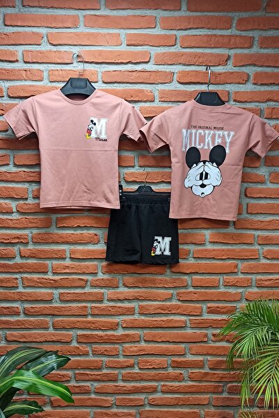 endudu Yeni Sezon Oversize Ön Arka Baskılı Mickey Mouse Desenli Yazlık Şortlu Alt Üst Takım Unisex