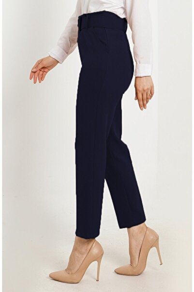 Aşkı Endam Large Size High Waist Skinny Leg Trousers with Balca Belt Gift - Navy Blue