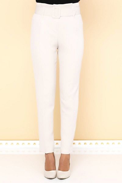 Aşkı Endam Large Size High Waist Skinny Leg Trousers with Balca Belt Gift - Ecru