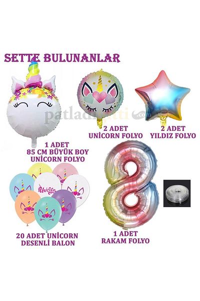 Patladı Gitti Σετ γιορτής γενεθλίων με θέμα το Rainbow Concept Unicorn για 8 έτους