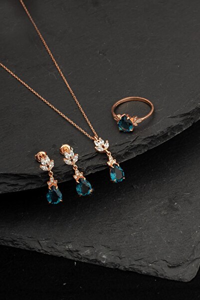 byess 925 Ayar Gümüş Lotus Motifli Aquamarine Taşlı Set