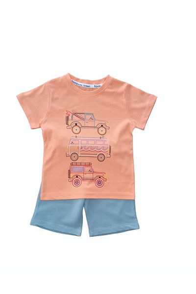 favo Çaren Kids-Boy's 2-Piece Set-100% Cotton, Printed T-shirt, Elastic Waist, Pocketed Shorts