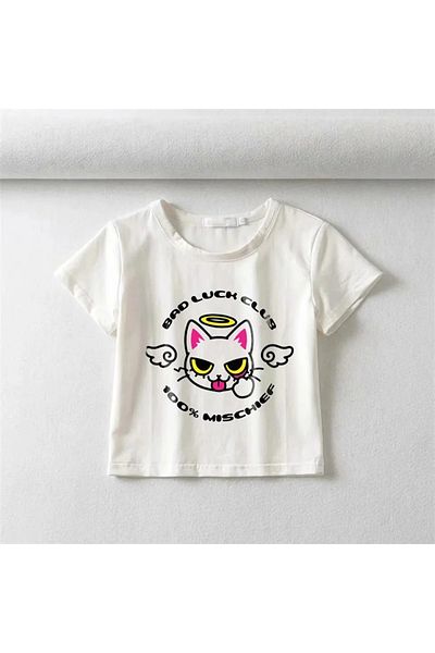 Touz Bad Luck Club Printed White Crop