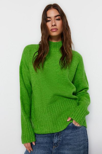Trendyol Collection Pulover de tricotaj de bază cu textura moale, verde, cu croială largă TWOAW23KZ00490