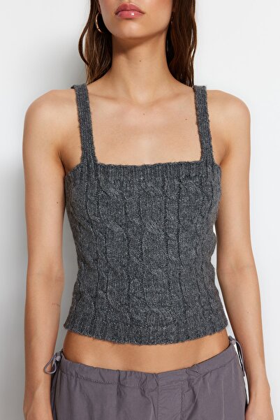 Trendyol Collection Anthracite Crop Openwork/Perforated 2-Piece Knitwear Sweater Twoaw24Kz00099