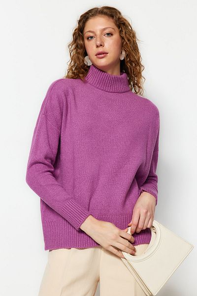 Trendyol Collection Lila széles szabású, puha textúrájú kötöttáru pulóver TWOAW23KZ00469