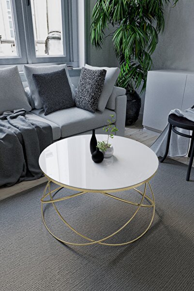 Puklife Gezegen Orta Sehpa Gold Ayak, Beyaz Cam