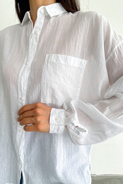 FEMELLE Women's White Low Shoulder Single Pocket Basic Oversize Wide Fit Shirt