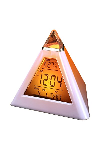 Wontis Özel Minimalist Piramit Tasarım Dijital Takvim Termometre 7 Renk Değiştiren Işıklı Masaüstü Saat