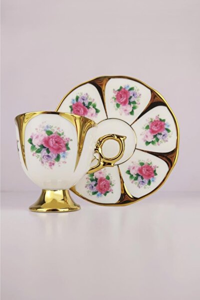 Digithome Gilded Coffee Cup Set for 2 People - Gold Kosova Porcelain Ist-142 C320.049