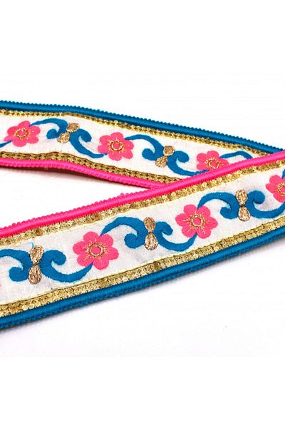 bidoluhobi Indian Handwork Ribbon Flower Motif Turquoise-pink