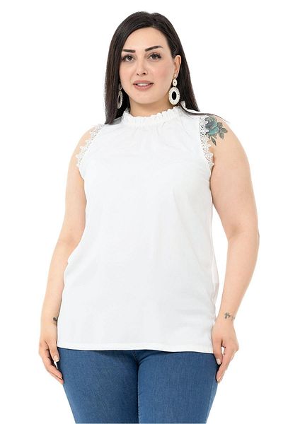 DISENTIS MODEST Plus Size Collar Detailed White Blouse with Lace Sleeves