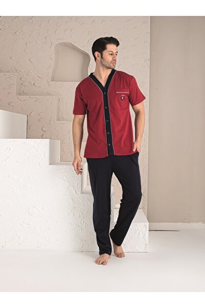 KAPİTEX Short Sleeve Long Neck Buttoned Pocket Burgundy Color Men's Pajama Set