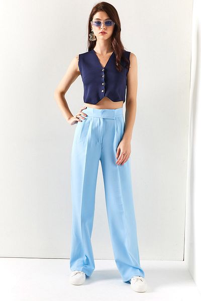 Olalook Women's Baby Blue Velcro Waist Pleated Palazzo Pants PNT-19000222