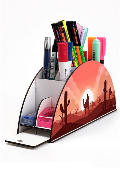 kutuTR Wooden Vip Landscape Rainbow Ruled Desktop Pen Holder Organizer with Assembled Box
