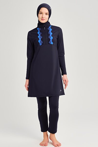 Haşema Su Lazer Kesim Detaylı Lacivert Likralı 5 Parça Tesettür Mayo Takımı