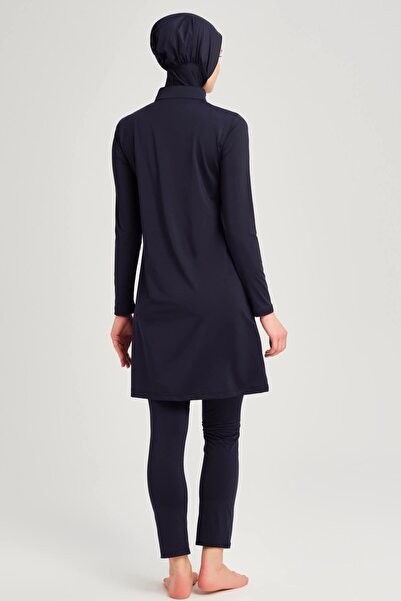 Haşema Su Lazer Kesim Detaylı Lacivert Likralı 5 Parça Tesettür Mayo Takımı