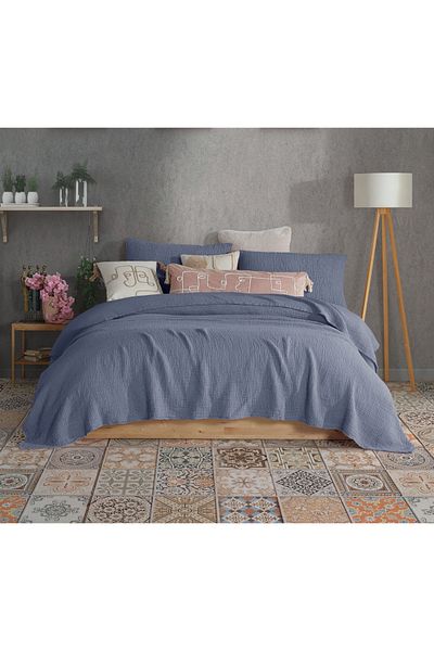 destinyhometex Albastru închis 4 straturi muselină multiplă 100% bumbac dublu franjuri 230x240cm King Size