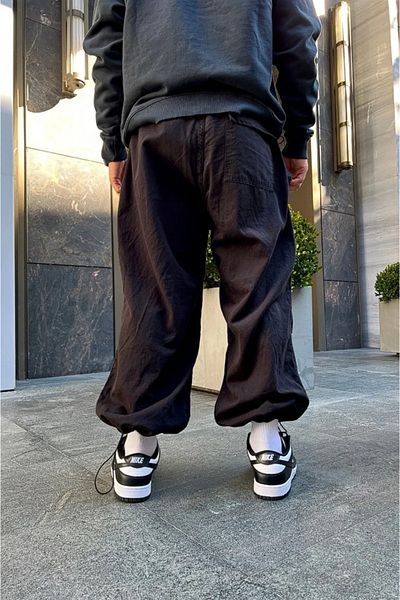 Gofeel Adjustable Waist Leg Black Parachute Jean Trousers