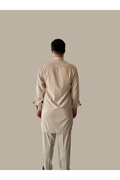 Beratnur Men's Hakim Collar Hajj and Umrah Outfit Double Bottom Top Afghan Suit - Beige