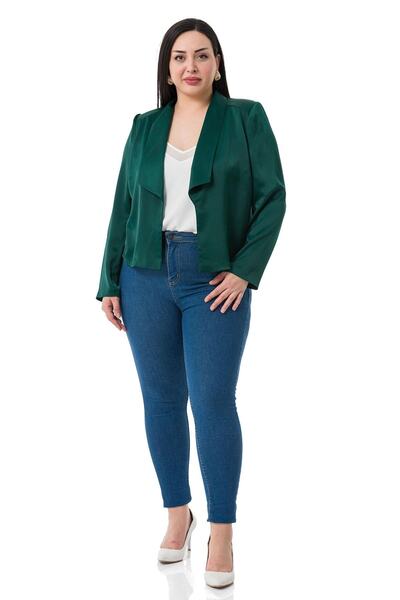 DISENTIS MODEST Jachetă scurtă din satin verde smarald, cu guler șal de dimensiuni plus