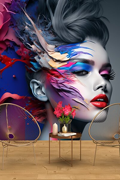 Dekoros Tek Parça Profesyonal Makyajlı Kadın Duvar Kağıdı, Rengarenk Güzellik...