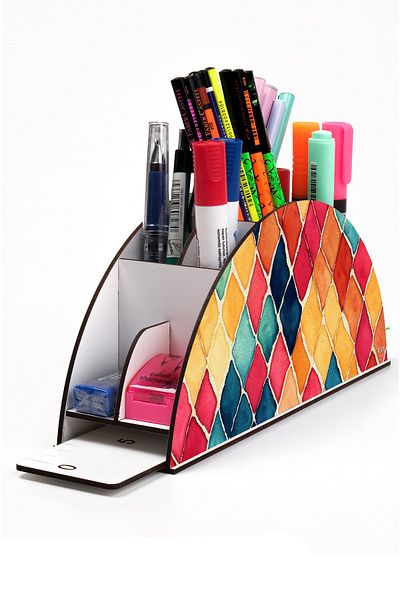 kutuTR Wooden Vip Colorful Models Desktop Pen Holder Organizer with Rainbow Ruler Assembled Box