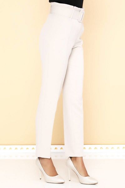 Aşkı Endam Large Size High Waist Skinny Leg Trousers with Balca Belt Gift - Ecru