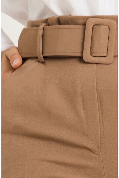 Aşkı Endam Large Size Balca Belt High Waist Narrow Leg Trousers - Milky Brown