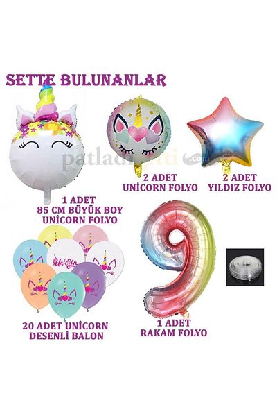 Patladı Gitti 9 Year Old Rainbow Concept Unicorn Themed Birthday Party Celebration Set