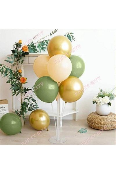 Party City Mold Green Gold Chrome Salmon Balloon Set with Balloon Stand