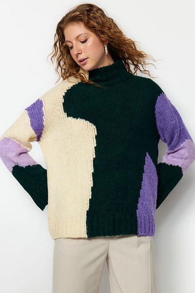 Trendyol Collection Pulover de tricotaj cu croială largă, verde smarald, cu textura moale, blocuri de culoare TWOAW20XS0047