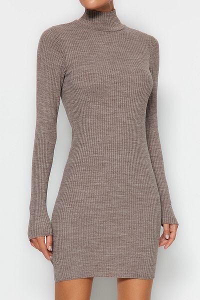 Trendyol Collection Πλεκτό Μίνι Φόρεμα Mink - Εφαρμόζεται στο σώμα, TWOAW23EL01389