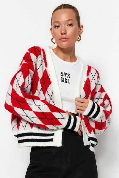 Trendyol Collection Red Couple Patterned Soft Knitwear Cardigan - Twoaw23Hi00596
