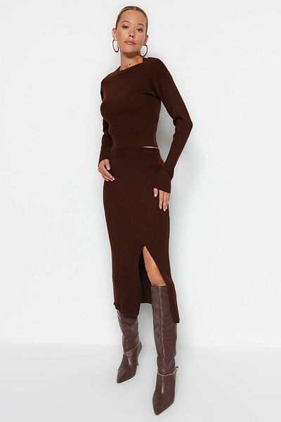 Trendyol Collection Barna Crop kötöttáru szett - alsó és felső készlet TWOAW23AU00240