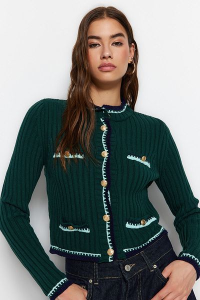 Trendyol Collection Emerald Green Color Blocked Crop Knitwear Cardigan - TWOAW23HI00550