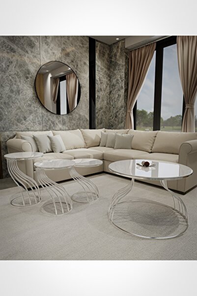 Puklife 4 Lü Kuğu Zigon Ve Orta Sehpa Takımı Krom Ayak Beyaz Cam