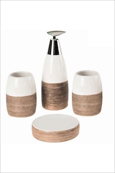 dudy Ceramic Wicker Patterned Luxury Bathroom Set of 4 - Brown